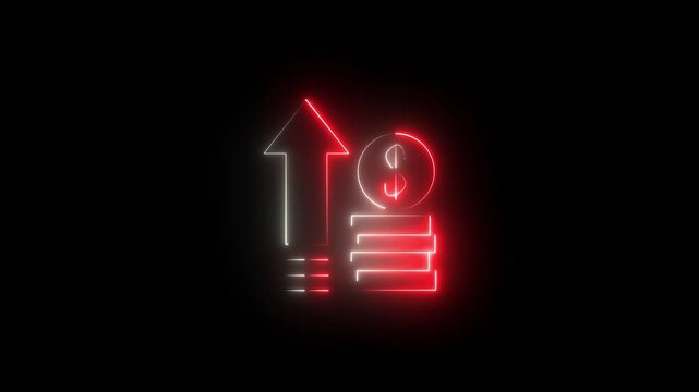 Glowing neon line of dollar sign icon and up arrow isolated on transparent background. Money, profit, investment, growth business, economy, finance and success concept