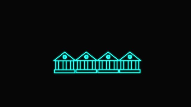 Glowing neon line House under protection icon with up arrow isolated on black background. a glowing light drawing a neon outline of houses decreasing in size. House, home building. 4K