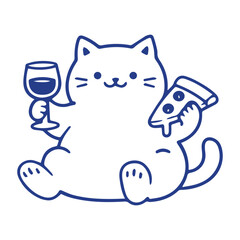 Fototapeta premium Minimalist cat vector illustration, cute fat kitten holding wine glass and pizza slice, blue line art pet character for restaurant branding
