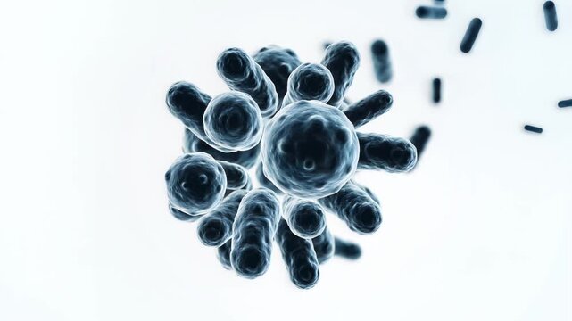Microscopic view of bacteria and viruses in a cluster.