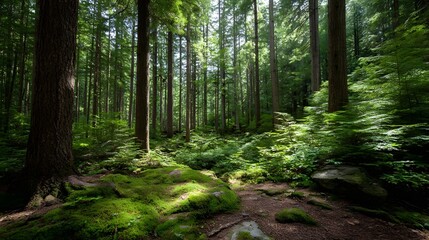 Fototapeta premium A lush verdant forest scene featuring deep moss growth and towering trees capturing the peaceful mystery of the woodland