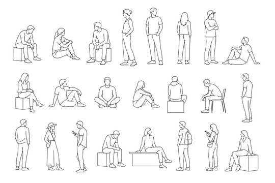 Collection of CAD Line Drawings of People Poses for Architectural Design and Urban Planning Projects