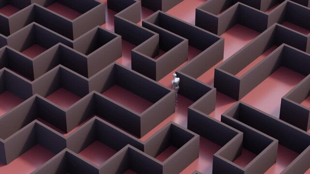 3d animation of seamless conceptual video loop of a polished chrome human figure endlessly navigating a labyrinthine elevated platform maze of choice-making paths