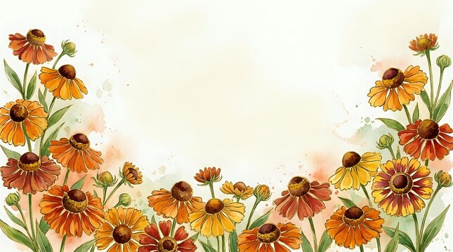 Watercolor border of vibrant orange and yellow helenium flowers with green leaves on a light background, perfect for cards and invitations.