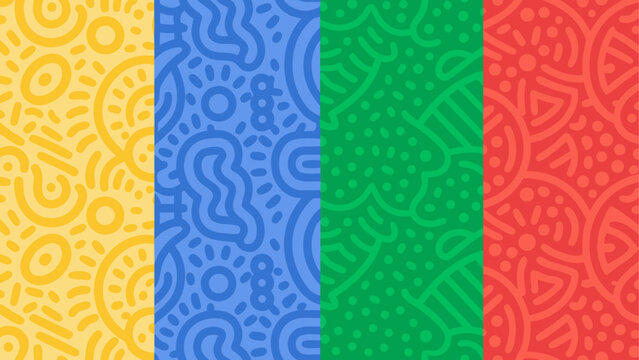 Set of four colorful seamless patterns with hand drawn abstract doodle shapes and lines