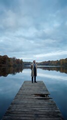 Obraz premium Businessman in coat standing on wooden dock overlooking calm lake with autumn foliage and cloudy sky for contemplation and leadership concepts.