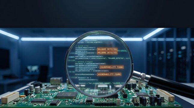 Magnifying glass revealing computer code on circuit board in futuristic server room with blue lighting for cybersecurity and data analysis concepts.