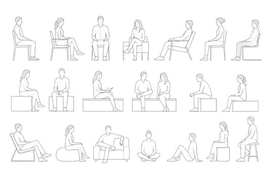 CAD People Assets Diverse Figures in Various Sitting Poses, Perfect for Architectural Plans, Interior Design Layouts, and Professional Visualizations