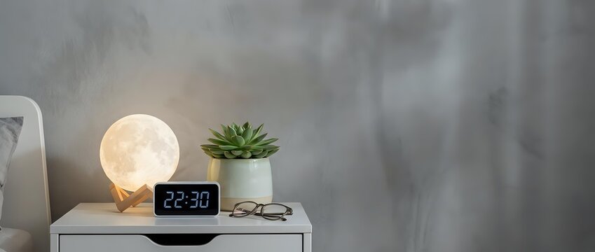 Modern bedside table with glowing moon lamp, digital alarm clock and succulent plant creating cozy bedroom atmosphere for interior design concepts.