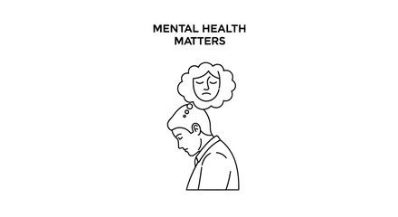 Naklejka premium Mental health matters concept with sad man line drawing.