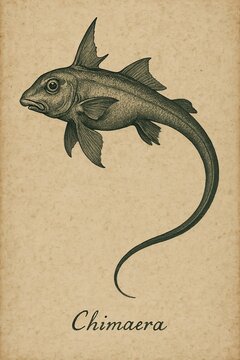 Historical natural history drawing of a solitary chimaera