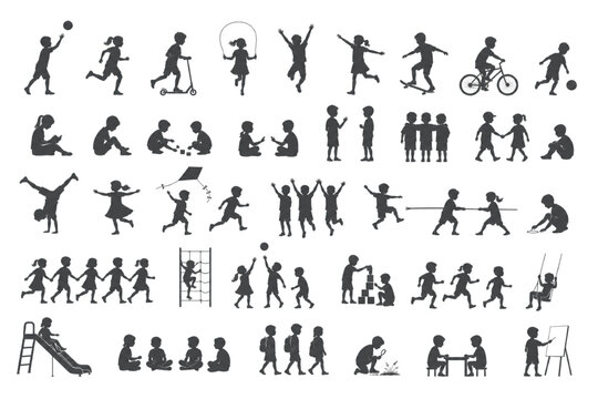 Dynamic Silhouettes of Children's Play and Educational Moments, ideal for Graphic Design and CAD-inspired Project Visualizations showcasing childhood development