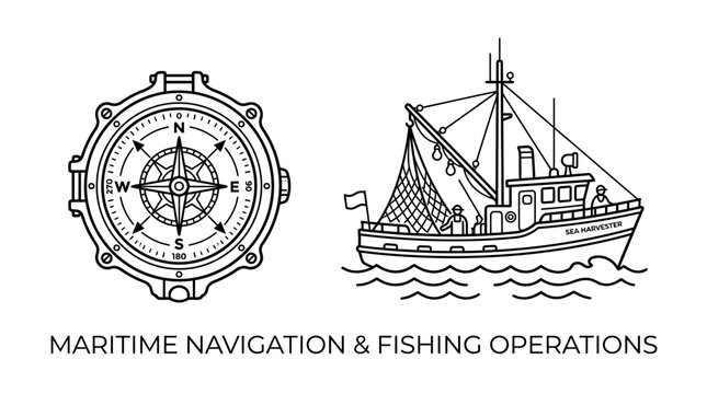 Maritime navigation compass and fishing boat line art illustration.