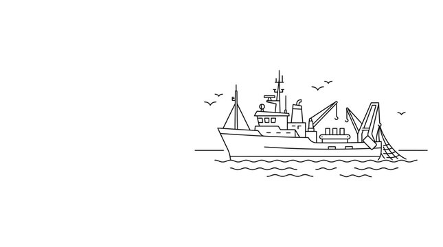 Hand drawn illustration of a commercial fishing trawler boat at sea.