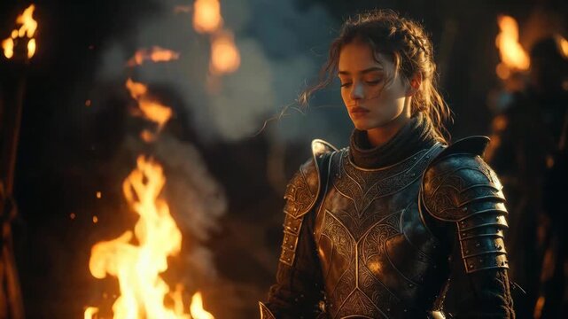 Female warrior in detailed armor amid flames, cinematic style on dark night background, concept of courage and battle