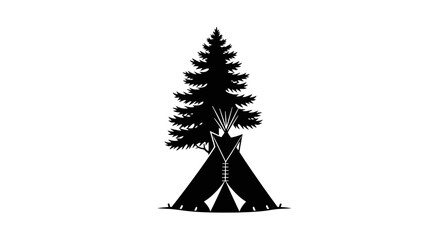 Minimalist silhouette illustration of a teepee tent nestled under a pine tree. © Abid_Dilnawas