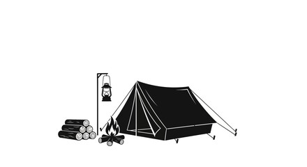 Black and white camping illustration with tent bonfire and lantern. © Abid_Dilnawas