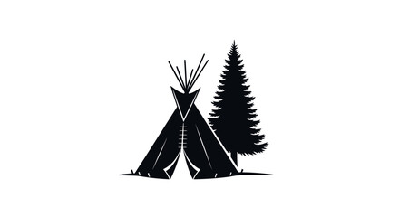 Black silhouette of a native American teepee tent and a pine tree icon. © Abid_Dilnawas