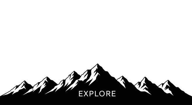 Minimalist black and white mountain range illustration with Explore text.