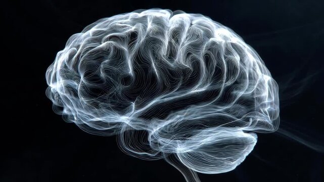 A glowing abstract brain made of flowing lines in a luminous style on a dark background, symbolizing intelligence and creativity