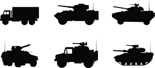 PrintMilitary vehicle truck tank armored car set collection icons, transport carrier combat vehicle vector pack, army convoy transport silhouette and outline flat line black style isolated design elem © Asia