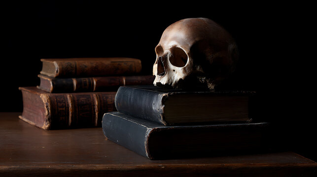 A stark human skull rests atop a stack of antique books on a dark wooden table, illuminated by a dramatic, moody light against a black backdrop