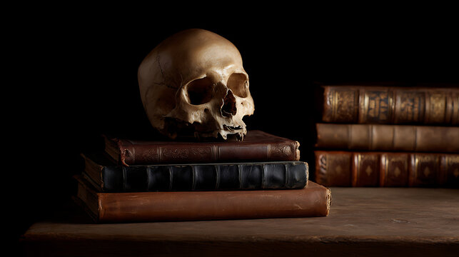 Aesthetic study of human mortality, wisdom, and knowledge concept with a skull placed on old leather-bound books, dark background, copy space