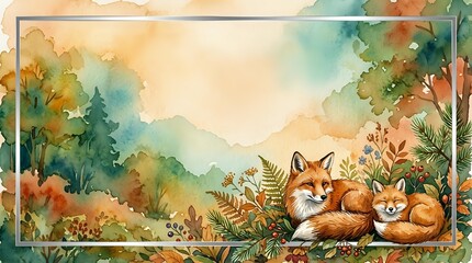 Obraz premium Watercolor autumn forest scene with two foxes resting among wildflowers, framed border with copy space for text or greeting card design.