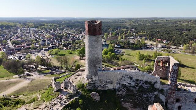 Flight over Olsztyn Castle ruins, Silesian Voivodeship, Poland