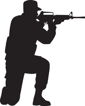 Elite military troop vector silhouette character in prone shooting position for combat and territory defense illustration