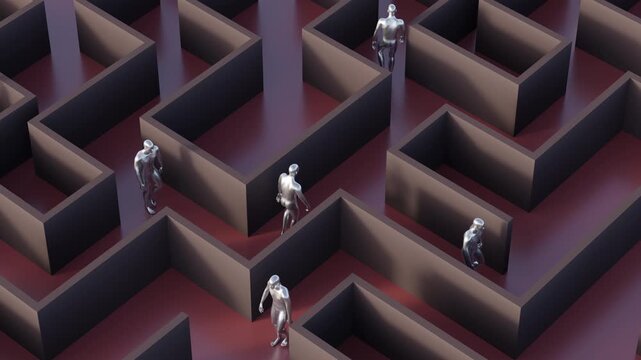 3d animation of metallic figures walks endlessly through a structured maze for VJ sets, high-tech club visuals,  electronic music festivals, stage screens and for LED video walls