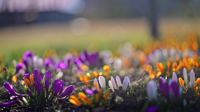 Blooming colorful crocuses in spring field, natural light, harmony and renewal, 4K slow motion