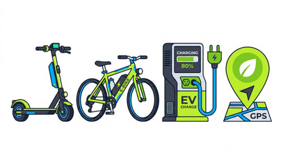 sustainable transportation vector set with electric scooter and e-bike icons © Rajib
