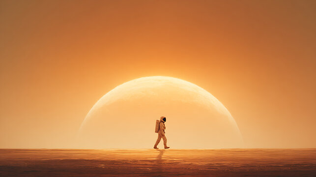 Astronaut walking on Mars beneath a massive sun, digital painting for futuristic space colonization concepts.