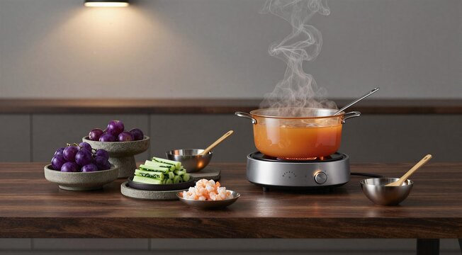 Orange soup boiling on portable burner with ingredients