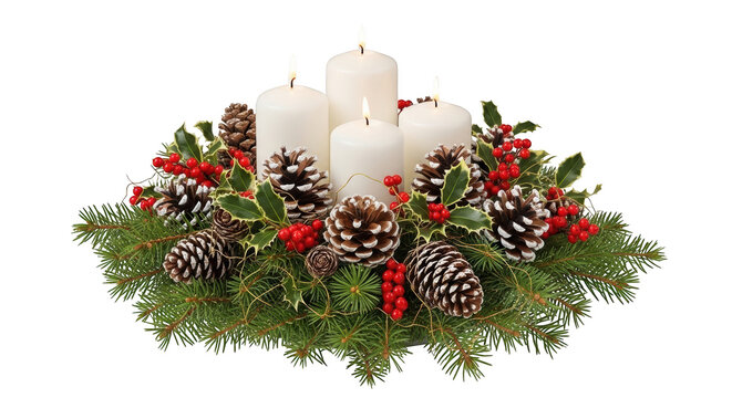 Four white pillar candles arranged in a christmas centerpiece with pine cones, holly leaves, and red berries, isolated on