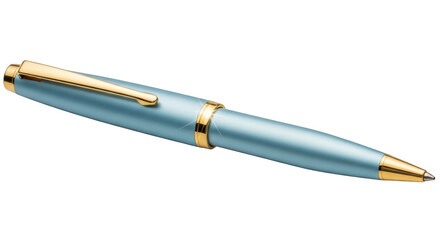 Naklejka premium Light blue ballpoint pen with gold accents, metallic clip, and tapered tip, positioned diagonally, isolated on transparent