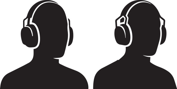 Minimalist silhouette of person wearing headphones, black and white avatar of man with headset, audio listener and gamer profile vector icon