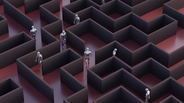 3d animation of metallic figures walks endlessly through a structured maze for VJ sets, high-tech club visuals,  electronic music festivals, stage screens and for LED video walls