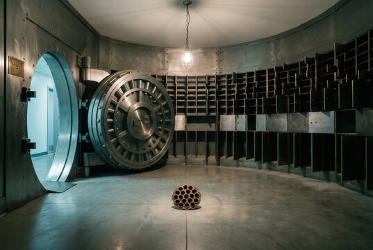 open bank vault round steel door empty safety deposit cubbies single dried lotus seed pod conceptual solitude wealth security