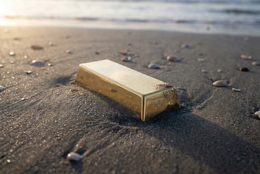 gold bar half buried wet beach sand seaside treasure salvage metal ingot