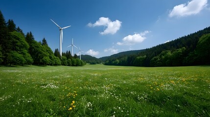 Obraz premium Modern wind turbines stand within a lush meadow surrounded by dense vibrant forest under a bright blue sky
