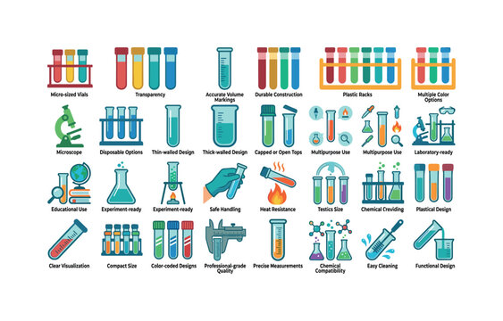 Glass test tube features like chemical resistance, transparency, accurate volume markings, durable construction, reusable design,