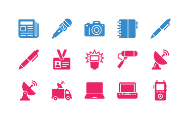 Fototapeta premium Collection of journalism and media icons in blue and pink
