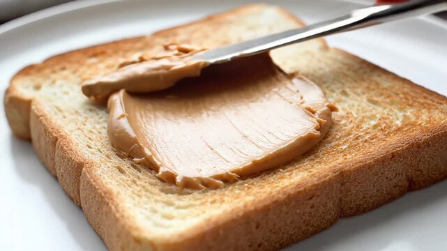 Spreading creamy peanut butter on toasted bread slice for breakfast.