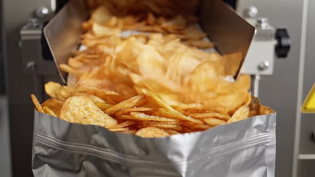 Crispy Potato Chips Being Packaged in a Factory Machine.