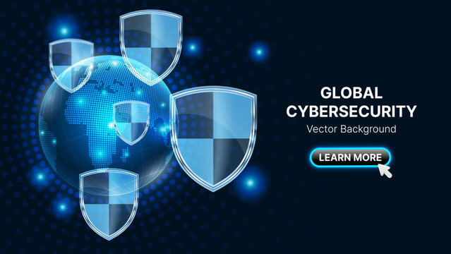 Global Cybersecurity Banner with Earth Globe and Shield Protection Icons, National Cyber Security Awareness Month Digital Web Background, Futuristic Technology Vector Illustration