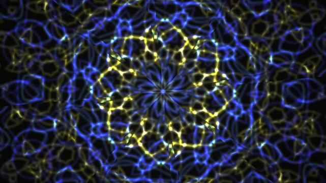 Abstract blue and yellow mandala patterns.