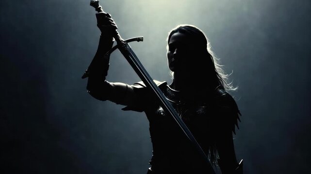 Silhouette of armored figure with sword in dramatic style on dark background, symbolizing strength and heroism