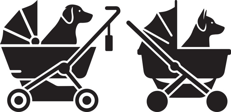 Minimalist pet care line icons featuring dog strollers for lifestyle and e commerce website design